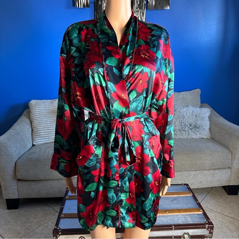 Victoria’s Secret Red Green Floral Gold Label Kimono Robe - Picture 1 of 9
